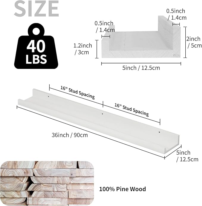 SAUMONIERES Picture Ledge Shelf Floating Book Shelves Set of 2 Wall Mounted Solid Wood for Bedroom Bathroom Living Room Kitchen, 36 Inch White-Ruum Studio Home
