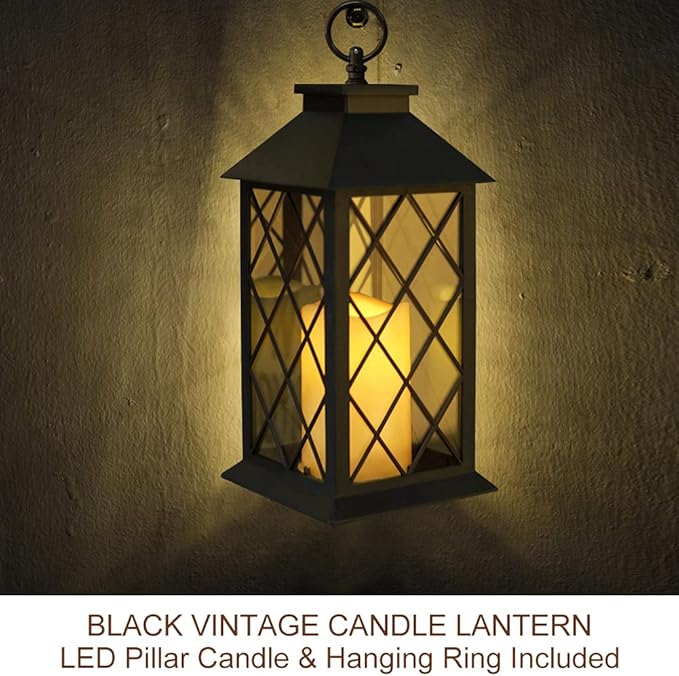 Bright Zeal 13.5" Black Vintage Candle Lantern with LED Pillar Candle and Timer - IP44 Waterproof Porch Light - Tabletop Lantern Decorative Outdoor-Ruum Studio Home