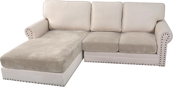 H.VERSAILTEX Velvet Stretch Sectional Couch Covers 3 Pieces Sofa Seat Cushion Covers L Shape Separate Couch Cover for Both Left/Right Sectional Couch (Large Sofa 2 Seater + 1 Chaise, French Oak)-Ruum Studio Home