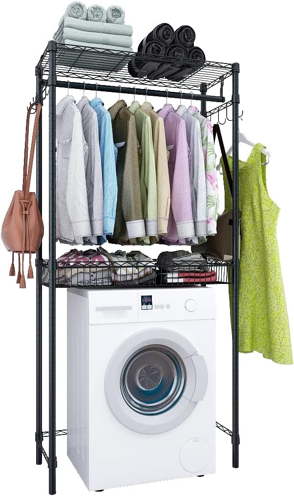 Xiofio Washer and Dryer Storage Shelf,Clothes Drying Rack,2 Tier Adjustable Height Storage Wire Basket with 2 Side Hook Laundry Shelves Used for Bathroom, Bedroom,Balcony,Black-Ruum Studio Home