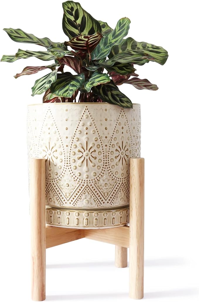8 Inch Plant Pot with Stand, Ceramic Planter with Drainage Holes, Saucers and Mesh Pads for Indoor-Outdoor Plants-Ruum Studio Home