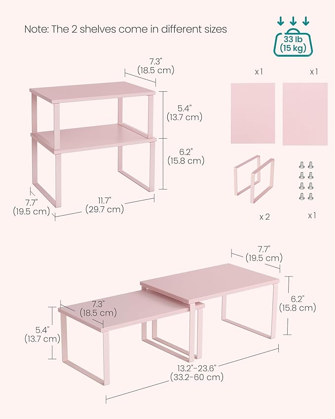 SONGMICS Cabinet Organizer Shelf, Set of 2 Kitchen Counter Shelves, Kitchen Storage, Spice Rack, Stackable, Expandable, Metal and Engineered Wood, Jelly Pink UKCS020S01-Ruum Studio Home