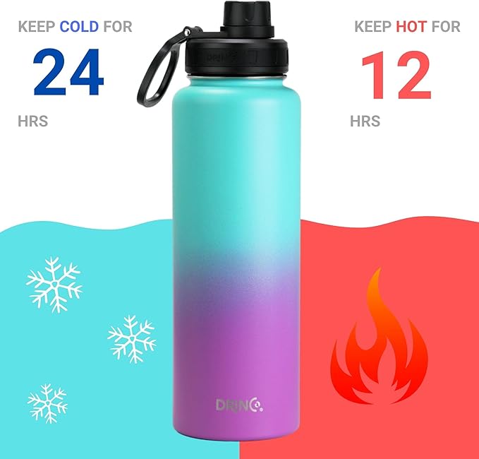 DRINCO Stainless Steel Water Bottle Spout Lid Vacuum Insulated Double Wall Water Bottle Wide Mouth (40oz 32oz 22oz 18oz 14oz) Leak Proof Keep Cold Sport Camping Hiking (40 oz, 40oz Ombre Fuchsia Teal)-Ruum Studio Home