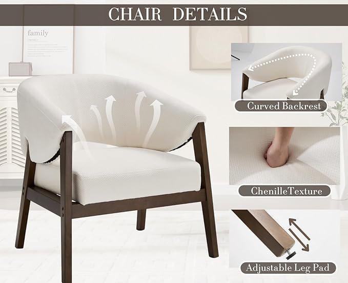 Mid-Century Modern Accent Chairs Set of 2, Comfy Barrel Armchairs with Wide Seat, Upholstered Lounge Chairs with Walnut Wood Legs for Living Room/Bedroom/Reading Corner, Chenille, Beige-Ruum Studio Home