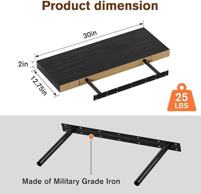 Floating Shelf, Set of 2 Wall Shelf, 30 in W x 12.75 in D x 2 in H Wooden Floating Wall Shelf with Invisible Brackets for Living Room/Bedroom/Bathroom/Kitchen Storage and Decor, Black Wood-Ruum Studio Home