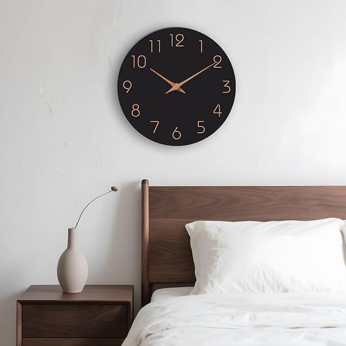 Mosewa Wall Clock 8 Inch Black Battery Operated Silent Non Ticking Simple Minimalist Rose Gold Numbers Decorative for Bedroom Living Room Kitchen Home Bathroom Office-Ruum Studio Home