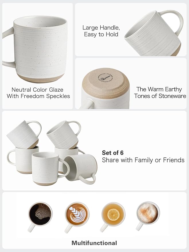 Kanwone Coffee Mugs 16oz, Stoneware Mugs Set, Ceramic Coffee Cups with Handle for Latte, Hot Tea, Cappuccino, Cocoa, Housewarming Wedding Gift, Microwave and Dishwasher Safe, Set of 6, Neutral White-Ruum Studio Home