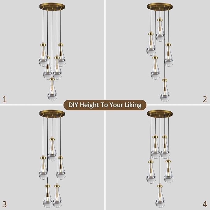 Gold 5 Light Cluster Pendant Lighting, Raindrop Chandeliers Brass Dining Room Lights Fixture, Teardrop Pendant Lights Kitchen Island, Hanging Lamp Ceiling for Entryway Foyer Staircase-Ruum Studio Home