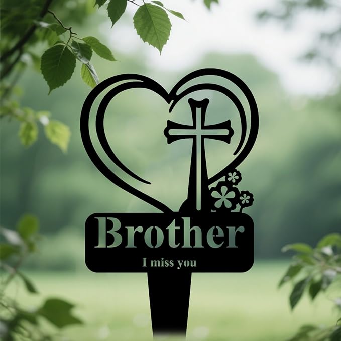 Brother Memorial Grave Stake, Cemetery Decorations for Grave Markers 12.5 x 7.2 inch Heart Metal Sympathy Stakes Graveside Plaque Decor Sign for Brother Graves, Yard, Garden - Black-Brother-Ruum Studio Home