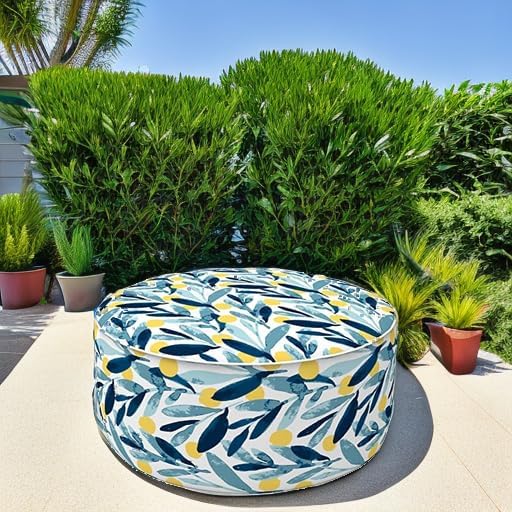 LVTXIII Outdoor/Indoor Inflatable Stool Ottoman, All Weather Patio Footrest Pouf, Portable Round Ottoman for Patio Garden, Camping or Home, D21xH9 Inches, Blue Leaves-Ruum Studio Home