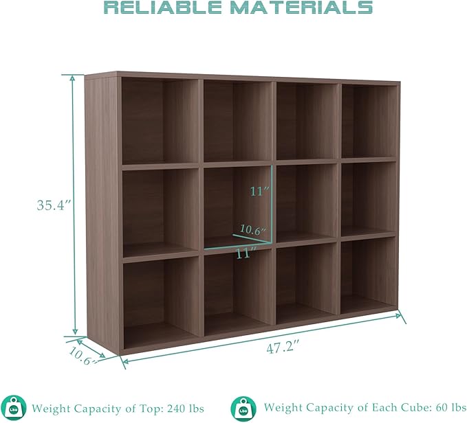 12-Cube Storage Shelf Bookcase - Wooden 3-Tier Floor Standing Open Bookshelf for Home and Office, Cuby Orgainzer, Walnut-Ruum Studio Home
