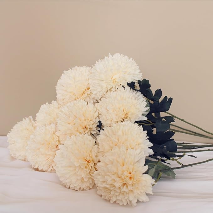 Large Kiku Flower Beige 10 Stems, Silk Flowers Bulk Boho Bouquet, Large Artificial Flowers, Tall Flowers With Long Stems, Realistic faux flowers Neutral Home Decor, Flores Artificiales Para Decoracion-Ruum Studio Home