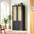 64.2" Tall Rattan Black Kitchen Pantry, Storage Cabinet with Doors and Drawers, Freestanding Wooden Organizer for Kitchen, Dining Room-Ruum Studio Home