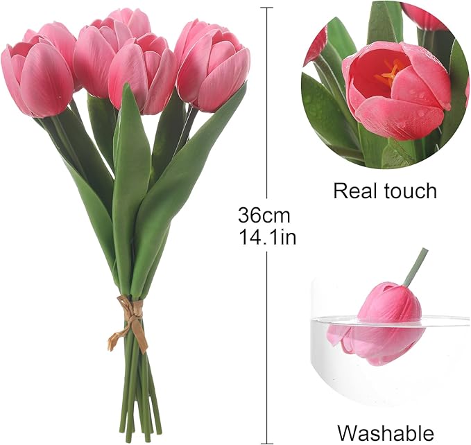 Pink Artificial Tulips, 2 Bundles 14Pcs, Fake Tulips Artificial Flowers, 2 x 2.4 Inch Large Flower Head Big Tulip, Easter Valentine's Day Mother's Day Home Decoration Flowers-Ruum Studio Home