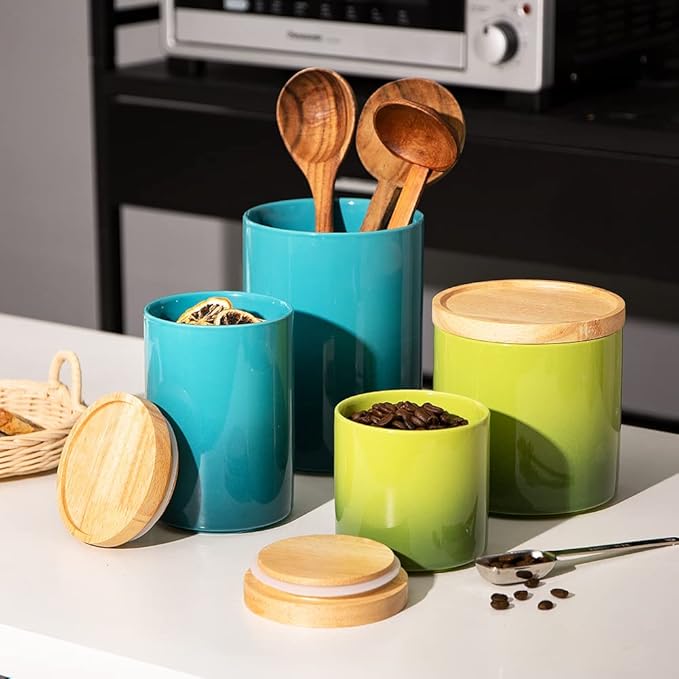 Sweejar Ceramic Food Storage Jar, Stackable Kitchen Canisters, Containers with Airtight Seal Wooden Lid for Serving Ground Coffee, Tea, Sugar, Salt and More - 16 Fl Oz (Gradient Green)-Ruum Studio Home