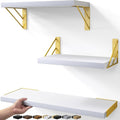 BAYKA Wall Shelves for Bedroom Decor, Floating Wall Shelves for Living Room Kitchen Storage, Wall Mounted Rustic Wood Shelves for Kids Books,Corner Shelves for Bathroom(White and Gold，Set of 3)-Ruum Studio Home