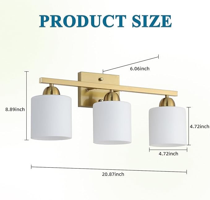 Stainless Steel Milk Glass Vanity Lights for Bathroom, 3 Light Gold Bathroom Light Fixtures Over Mirror, Ceramic E26 Sockets Wall Mounted-Ruum Studio Home