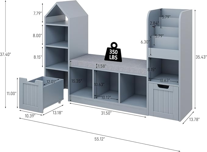 Vabches Toy Storage Organizer for Kids Bookshelf with Reading Nook, Multifunctional Bookcase with 7 Storage Cubbies, 2 Movable Drawers and Seat Cushion for Keeping Kids' Toys Books Organized, Grey-Ruum Studio Home