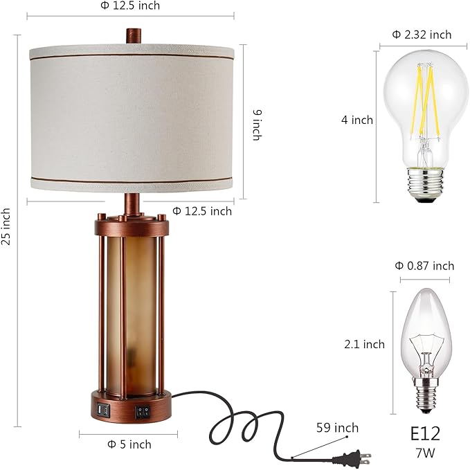 Set of 2 Farmhouse Table Lamps for Living Room, Rustic Bedside Lamps with 2 USB Charging Ports, Bedroom Nightstand Lamp with Amber Frosted Glass Nightlight, 4 Bulbs Includes-Ruum Studio Home