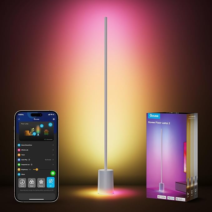 Govee Floor Lamp 2 with Matter, RGBIC, Warm Cool White LED, Alexa Compatible, 1725lm, Music Sync, Scene Modes, Smart Floor Lamp for Living Room, Bedroom, Silver(1 Pack)-Ruum Studio Home