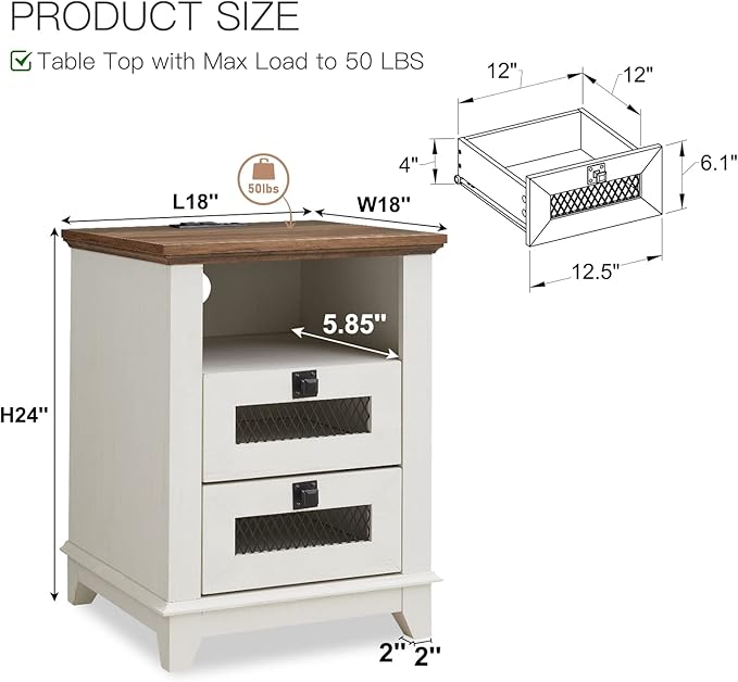 Nightstand with Charging Station,OKD 18'' Industrial & Farmhouse Square End Table w/ 2 Drawers & Open Cubby, Rustic Mesh Drawer Sofa Side Table w/Storage for Bedroom, Living Room Office, Antique White-Ruum Studio Home