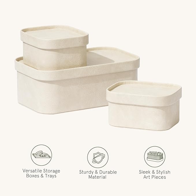 La Jolie Maison Vegan Leather Storage Boxes with Lids, Set of 3 Decorative Storage Containers Organize Stackable Storage Box, Beige-Ruum Studio Home