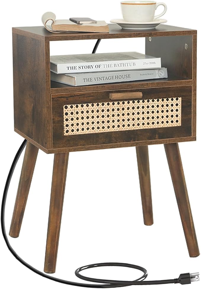 MaxSmeo Small Nightstand with Charging Station, Rattan Side Table Mid Century Modern Bedside Table for Bedroom, Living Room and Small Spaces, Solid Wood Legs (Rustic Brown)-Ruum Studio Home