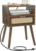 MaxSmeo Small Nightstand with Charging Station, Rattan Side Table Mid Century Modern Bedside Table for Bedroom, Living Room and Small Spaces, Solid Wood Legs (Rustic Brown)-Ruum Studio Home