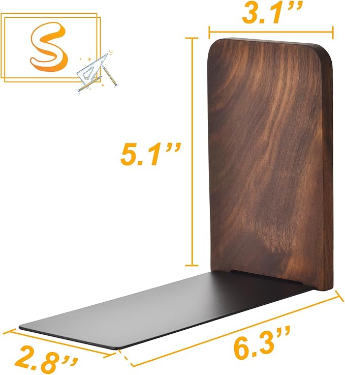 Book Ends, Black Walnut Wooden Bookends for Shelves - Heavy Duty Non-Slip Book Organizers, Upgraded Decorative Bookend Holders for Home, Kitchen, Office, Set of 2, Small-Ruum Studio Home