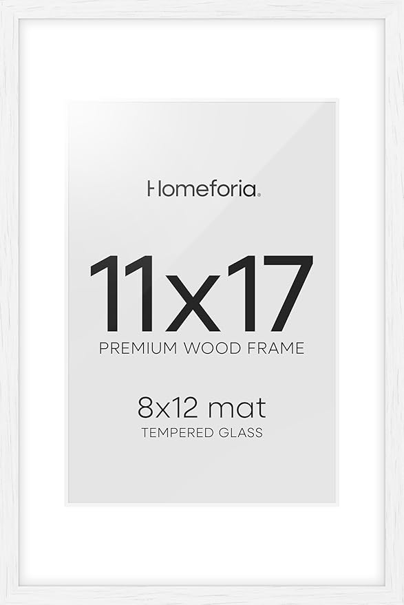Homeforia 11x17 White Wood Frame, High End Oak 17 x 11 White Wooden Picture Frames with Mat 8 by 12, 11x17 Poster Frame Matted to 8x12 inch Photo, 17x11 Thin Frames, Tempered Glass, Wall Kit, Set of 1-Ruum Studio Home