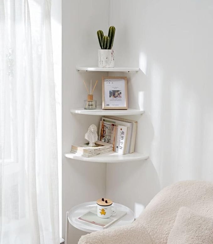 Corner Shelves, Floating Corner Shelf, Set of 3 Solid Oak Wood Corner Wall Shelves, Round End with Wire Hole Shelving for Small Plant for Bedroom Kitchen, Living Room (Size 9/10/12in)-Ruum Studio Home