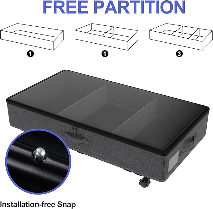 Under Bed Storage with Wheels, 2 Pack Under Bed Storage Containers with Transparent Lid, 50L Large Capacity Underbed Storage Containers, Underbed Storage Bins for Clothes, Shoes, Books, Toys, Black-Ruum Studio Home