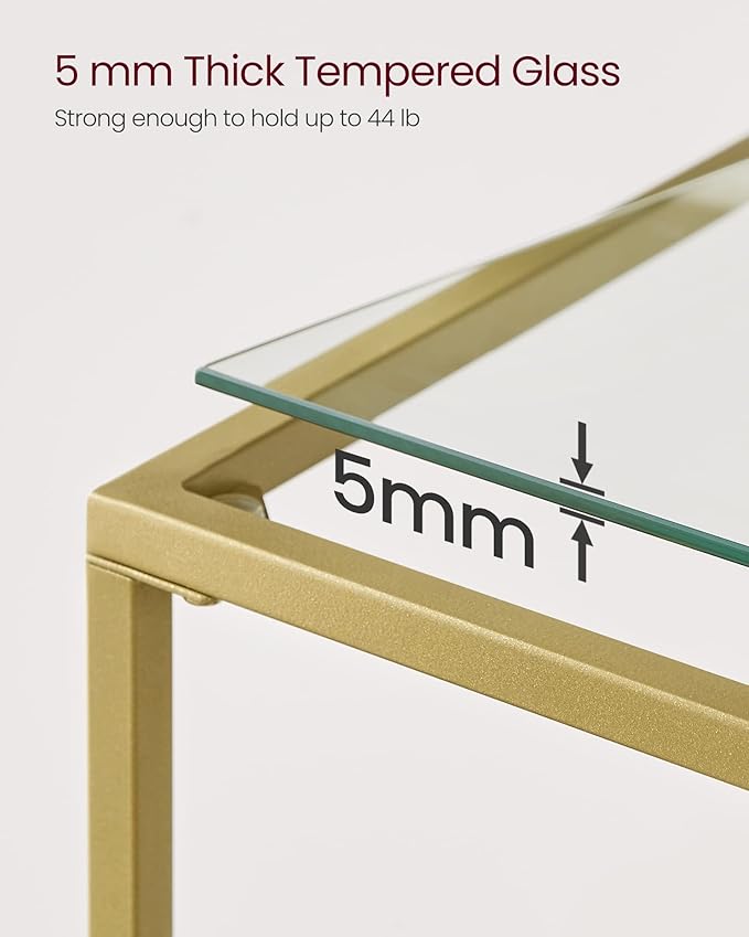 VASAGLE 39.4 Inch Console Sofa Table, Modern Entryway Table, Tempered Glass Table, Metal Frame, 2 Shelves, Adjustable Feet, for Living Room, Hallway, Gold Color ULGT025A01-Ruum Studio Home
