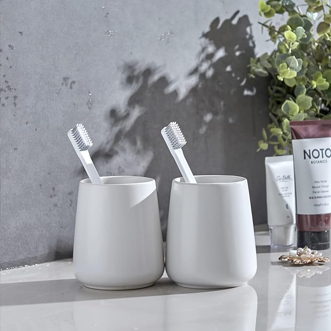 White Toothbrush Holder for Bathroom - 2Pcs Ceramic Tooth Brushing Holders Set, Toothbrush Cup & Toothpaste Organizer for Bathroom Countertop, Makeup Brush Holder, Pen Holder for Home Desktop Storage-Ruum Studio Home