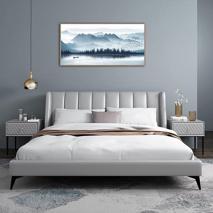 Indigo Framed Canvas Wall Art Misty Mountain Wall Pictures Foggy Lake Boat Canvas Painting Prints Forest Birds Canvas Wall Decor for Living Room Bedroom Decorations Natural Framed 24" x 48"-Ruum Studio Home