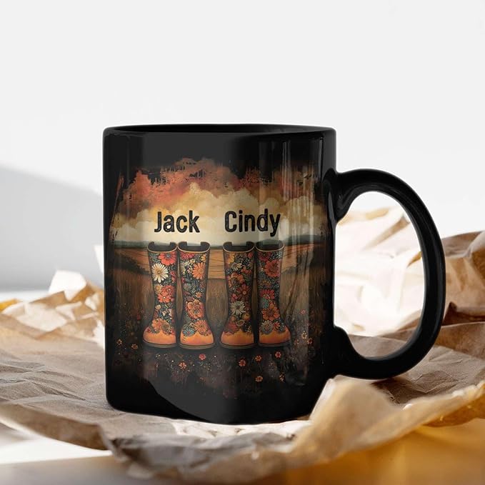 Custom Couple Mug with Floral Boots Design, Personalized Name Coffee Mug 11oz 15oz, Fall Inspired Ceramic Coffee Cup, Custom Autumn Scene Black Cup, Gifts for Boyfriend, Girlfriend-Ruum Studio Home