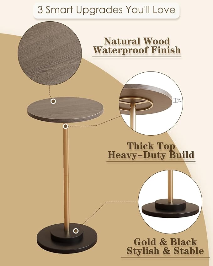 Masupu Drink Table, Round Side Table for Small Spaces, Pedestal Side Table, Small End Table with Metal Base, for Living Room, Bedroom, Bathroom, Grey-Ruum Studio Home