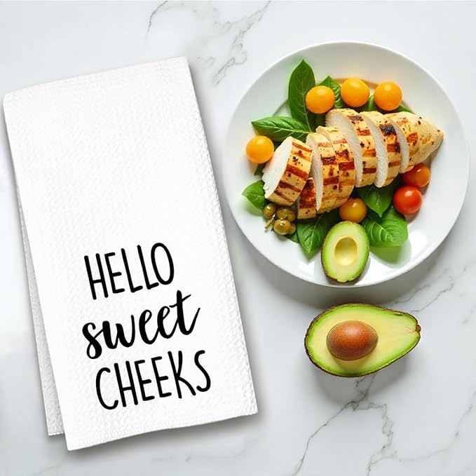 Hello Sweet Cheeks Hand Towel, Waffle Weave Microfiber Bathroom Towel, Funny Rustic Farmhouse Decor, Cute Guest Bathroom Accent-Ruum Studio Home