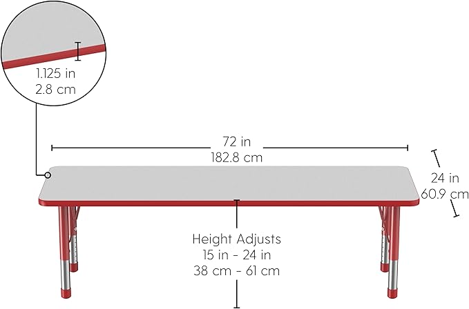 FDP Rectangle Activity School and Classroom Kids Table (24 x 72 inch), Chunky Toddler Legs, Adjustable Table Height 15-24 inches - Gray Top and Red Edge-Ruum Studio Home