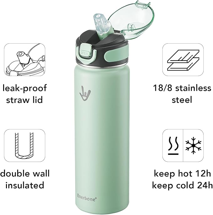 Enerbone 24 oz Insulated Water Bottle, Stainless Steel Bottle with Carrying Strap, Double-Wall Vacuum Insulation Design, Leakproof Sports Bottle with Straw, Keep Drinks Cold or Hot for Hours-Ruum Studio Home