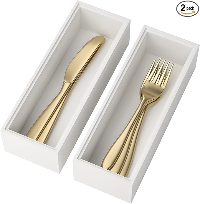 Utensil Organizer Silverware Drawer Organizer - Set of 2, Stackable Kitchen Organization, Bamboo Storage Box Tray for Kitchen Gadgets Bathroom Countertop (White)-Ruum Studio Home