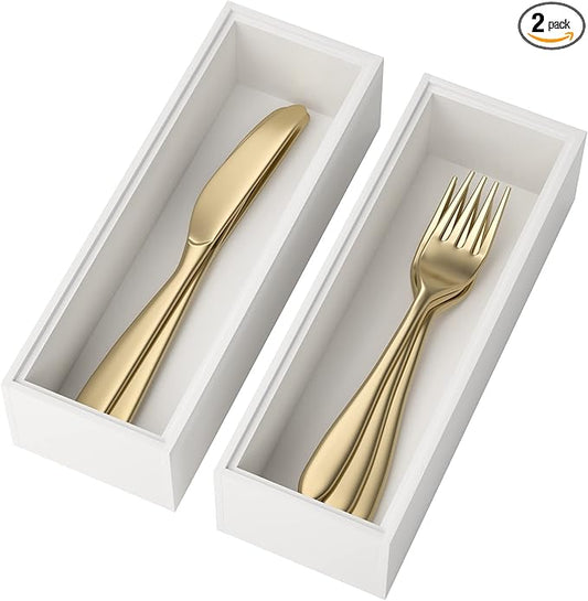 Utensil Organizer Silverware Drawer Organizer - Set of 2, Stackable Kitchen Organization, Bamboo Storage Box Tray for Kitchen Gadgets Bathroom Countertop (White)-Ruum Studio Home