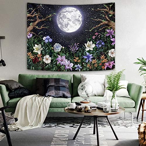 Neasow Aesthetic Moon Garden Tapestry Wall Hanging, Night Landscape with Colorful Plants Floral Tapestries for Bedroom Home Decor Multi Color 60×80 inch (150cm×200cm)-Ruum Studio Home