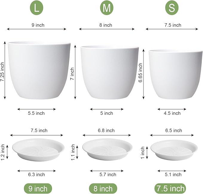 9/8/7.5 inch Flower Pots, Set of 3 Modern Decorative Plastic Planters with Drainage Holes and Saucers, Plant Pots for Indoor Outdoor Plants, White-Ruum Studio Home