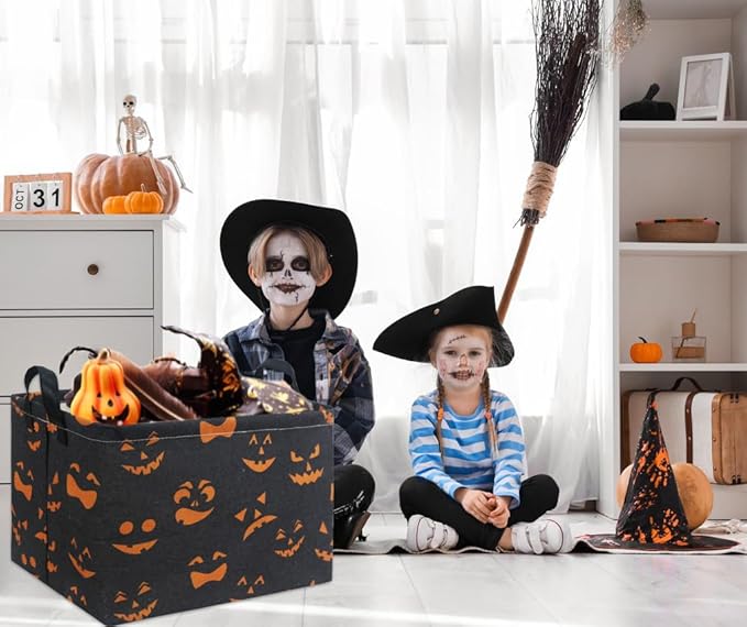 HIYAGON Rectangular Halloween Basket for Boys and Girls Kids Trick or Treat Pumpkin Basket for Halloween Parties Cute Storage Bin Organizer Box Room Decor(Black Pumpkin)-Ruum Studio Home