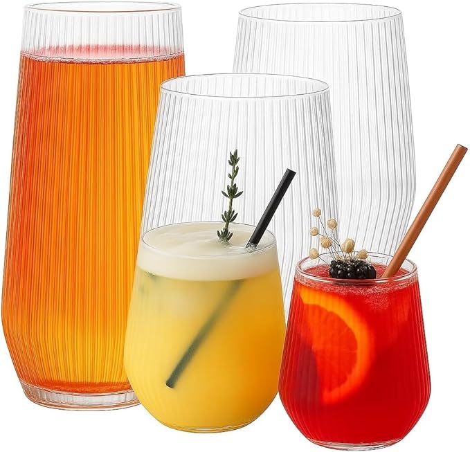 24 Pack Ribbed Origami Ripple Plastic Glasses, 12-9 Ounce Stemless Champagne Flutes & 12-12 Ounce Cups, BPA-Free Disposable Shatterproof Toasting Glasses for Weddings, Bars, and Events (Clear)-Ruum Studio Home