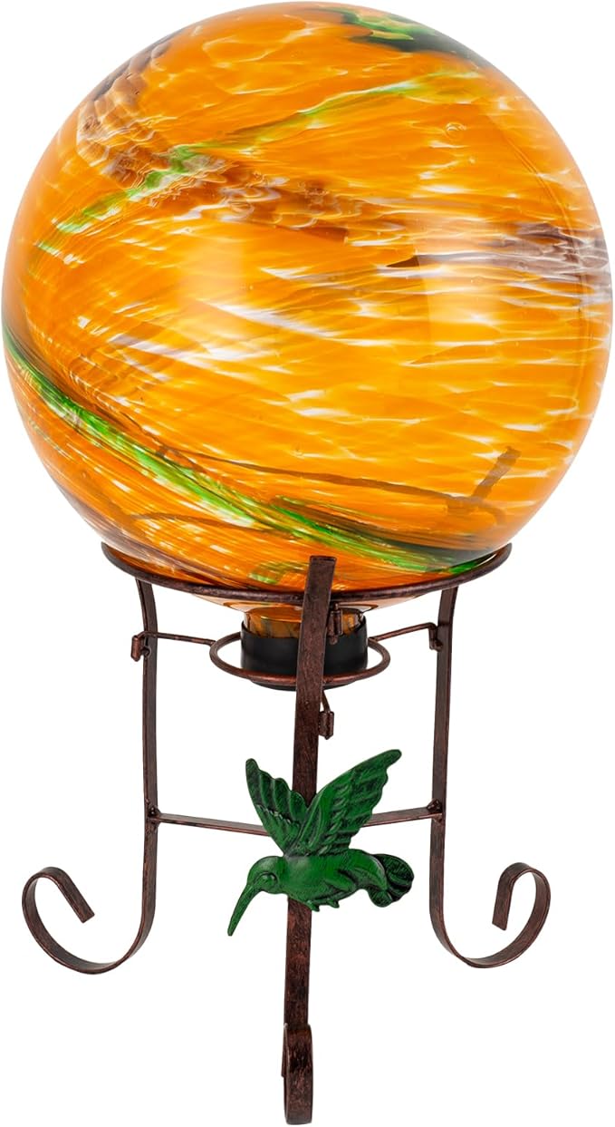 10 Inch Glass Gazing Ball, with 9.4" Tall Metal Gazing Globe Stand, Glass Balls Display Holder Set for Outdoor Garden Lawn Yard Decoration, Sunset Sky-Ruum Studio Home