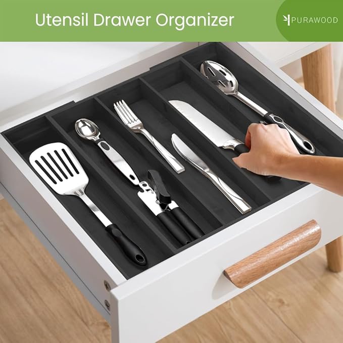 Purawood Kitchen Drawer Organizer - Expandable Utensil Organizer for Kitchen, Cutlery Tray & Silverware Organizer, 3-5 Slots - Bamboo Drawer Organizer for Utensils & Flatware (Black)-Ruum Studio Home