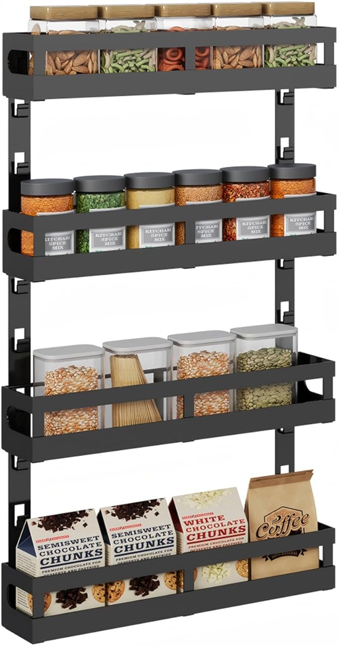 4-Tier Small Wall Mounted Spice Rack Organizer, Hanging Spice Shelf for Cabinet or Pantry, Height-Adjustable Seasoning Holder for Kitchen Storage, Black-Ruum Studio Home
