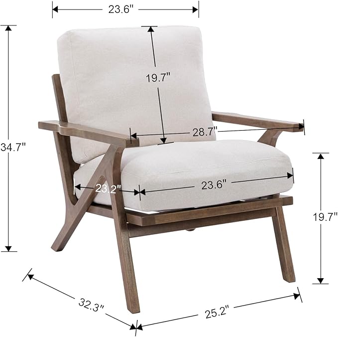 HNY Mid Century Modern Accent Chair, Farmhouse Retro Linen Upholstered Armchair for Living Room Bedroom, 23'' Seat Wide Leisure Slipper Chair with Wood Frame, White-Ruum Studio Home